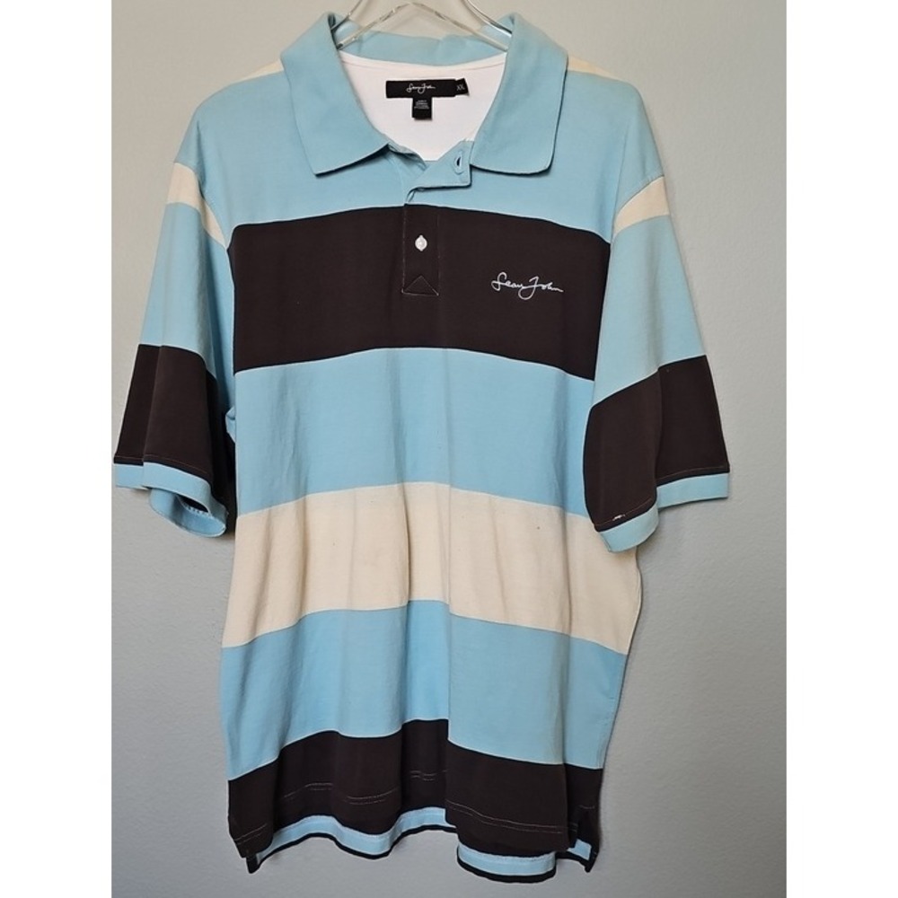 Sean John Striped Polo Shirt Y2K Streetwear Blue Brown XXL